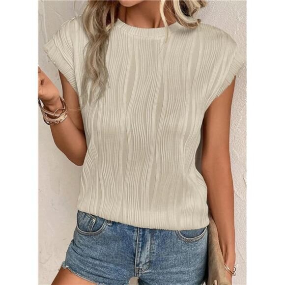 Women's Short Sleeve Textured Crewneck Tops - Knit Solid Casual Basic T-Shirts - Picture 5 of 7